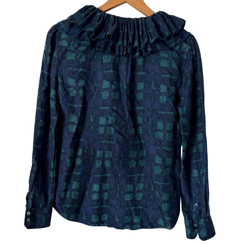 J Crew Collection Ruffle Collar Blouse Plaid 100% Silk Twill Button Down, S - Picture 4 of 12